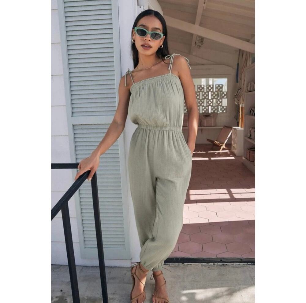 Z Supply Jumpsuit Women's Size Medium NWT Kiara Gauze Pale Jade Green Tie Cotton